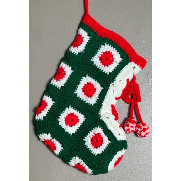 Vtg Granny Square Stocking Crochet 11" Grandmacore Handmade Holidays Christmas - Picture 3 of 6